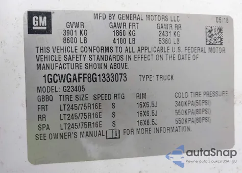 2016 Chevrolet Express 2500 Work Van z USA, uszkodzony, nr VIN 1GCWGAFF8G1333073